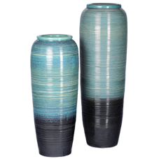 CU2BB1 -Chinese Ceramic Urns - set of two -ribbed blue and black